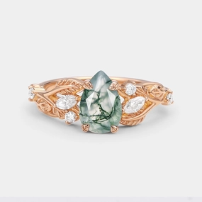 Luxe style Pear Shaped Moss Agate Leafy Wedding Engagement Ring