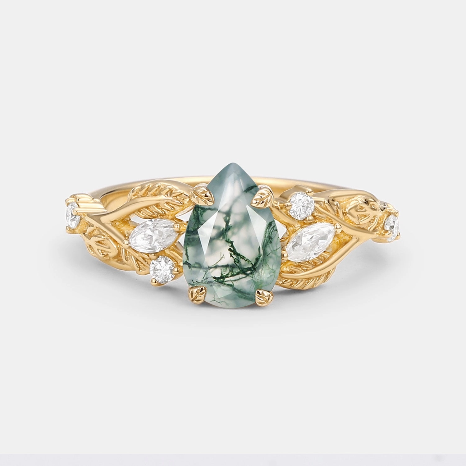 Pear Shaped Moss Agate Leafy Wedding Engagement Ring Minimal Geometry Glamorous Statement