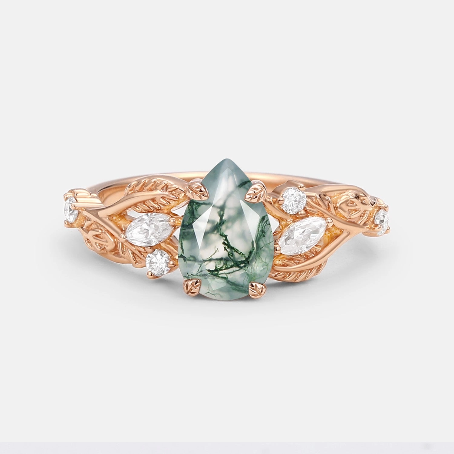 Sparkling Gift Glam Choice Pear Shaped Moss Agate Leafy Wedding Engagement Ring