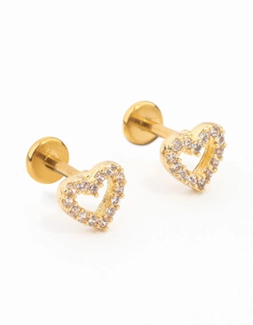 Feminine Light Expressive Accent Gold Plated Surgical Steel Cubic Zirconia Open Heart Flat Back 2-Pack
