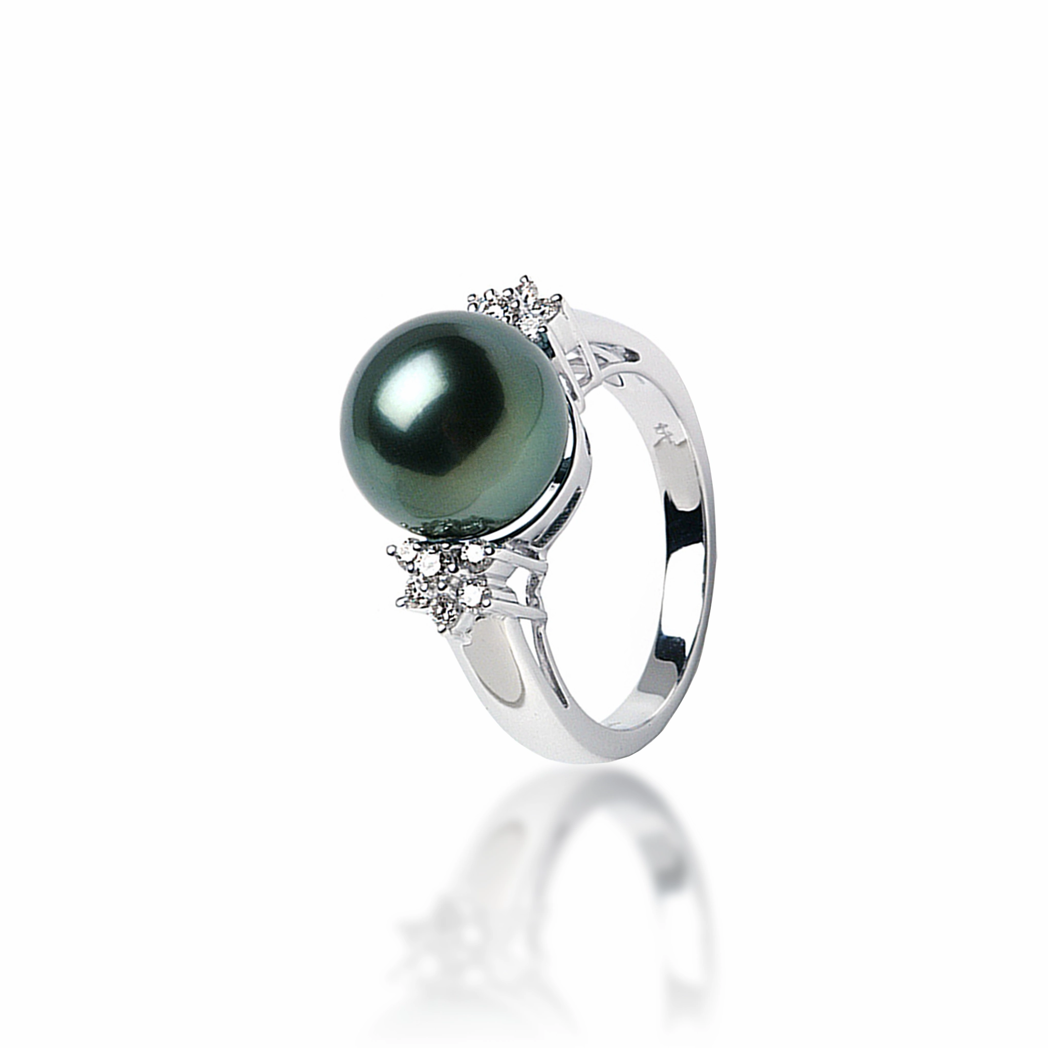 Tahitian Black Pearl Ring in White Gold with Diamonds - 11-12mm Natural Finish Handcrafted Glam
