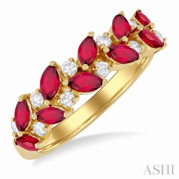 4X2 MM Leafy Marquise Cut Ruby and 1/5 ctw Round Cut Diamond Precious Band in 14K Yellow Gold Formal Occasion