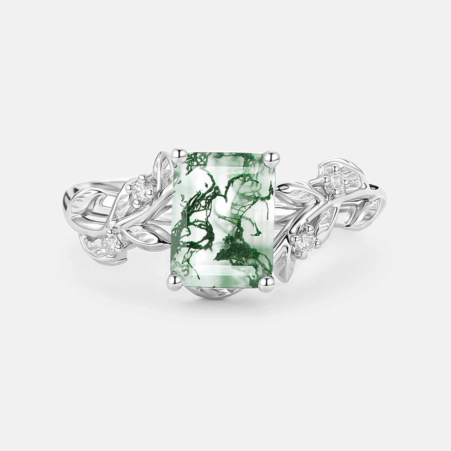 Natural Fit 1.5ct Emerald Cut Moss Agate Leafy Engagement Ring - Sheryl