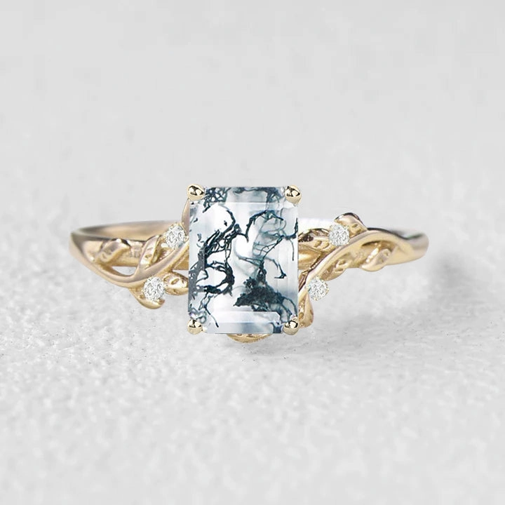 1.5ct Emerald Cut Moss Agate Leafy Engagement Ring - Sheryl Timeless Impression Radiant Craft