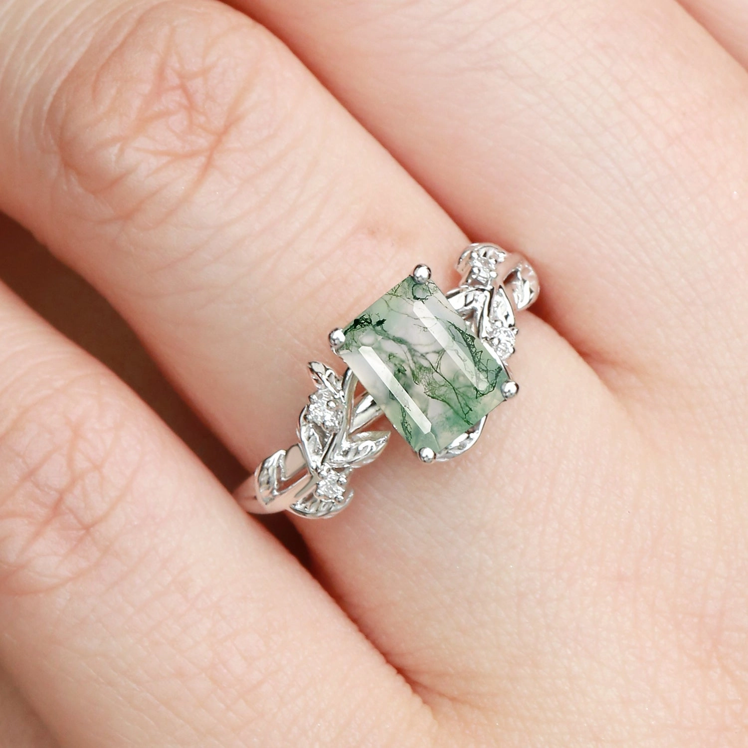 Luxury Contour Artisan Made 1.5ct Emerald Cut Moss Agate Leafy Engagement Ring - Sheryl