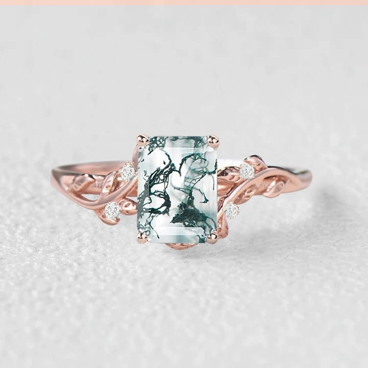 Trend Focus Simple Accent 1.5ct Emerald Cut Moss Agate Leafy Engagement Ring - Sheryl