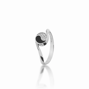 Polished Spark Yin Yang Black Coral Ring in White Gold with Diamonds - 7.5mm
