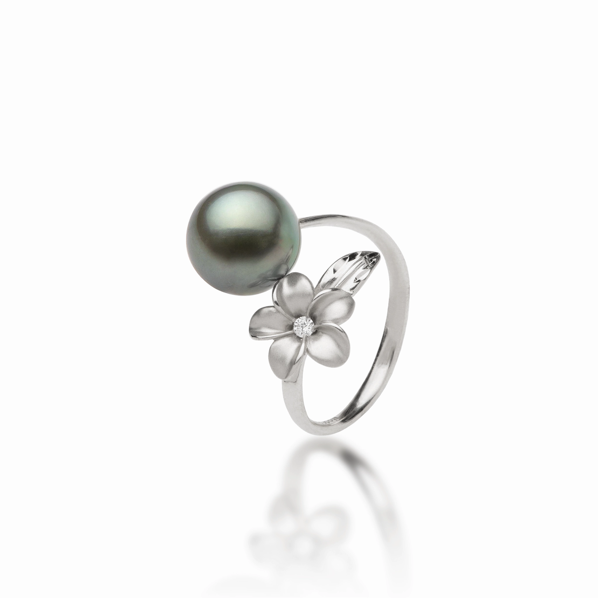 Plumeria Tahitian Black Pearl Ring in White Gold with Diamond - 10-11mm Highlight Moment Cozy Glam