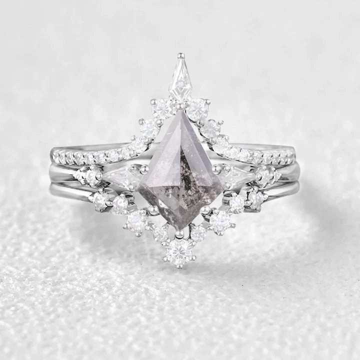 Sparkling Accent Three Kite Cut Salt and Pepper Diamonds Ring Set 3pcs