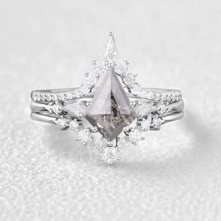 Delicate Finish Three Kite Cut Salt and Pepper Diamonds Ring Set 3pcs