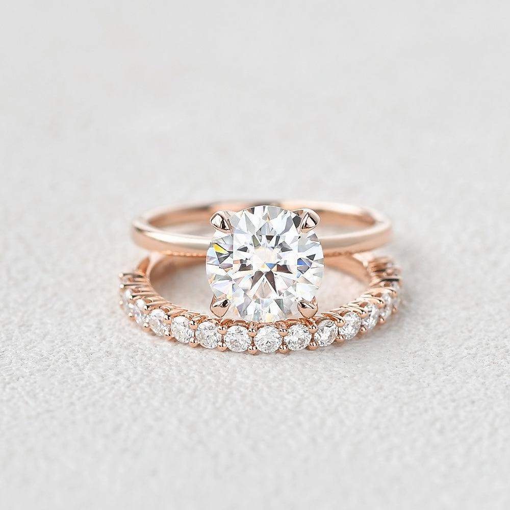 2.0ct Round Cut Moissanite Solitaire Gold Ring Set 2pcs Unique Item Artistic Jewelry