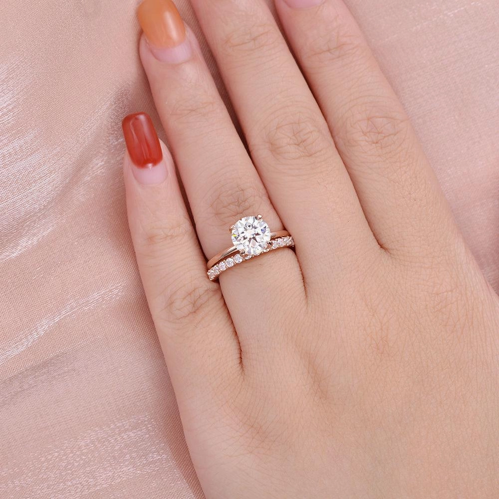 Autumn Gift Lasting Memory 2.0ct Round Cut Moissanite Solitaire Gold Ring Set 2pcs