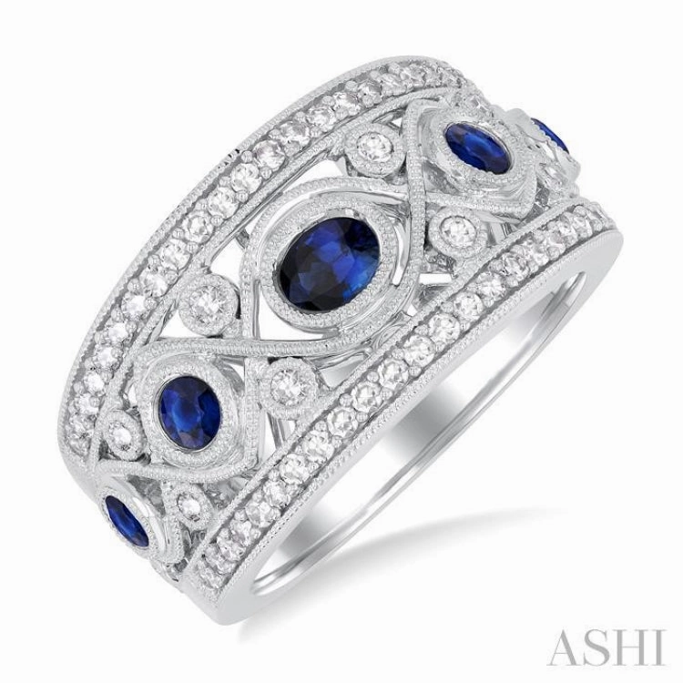 4x3 MM Oval, 2.8 MM and 2.4 MM Round Cut Sapphire and 3/8 ctw Criss-Cross Framework Single Cut Diamond Precious Band in 14K White Gold Exhibition Piece