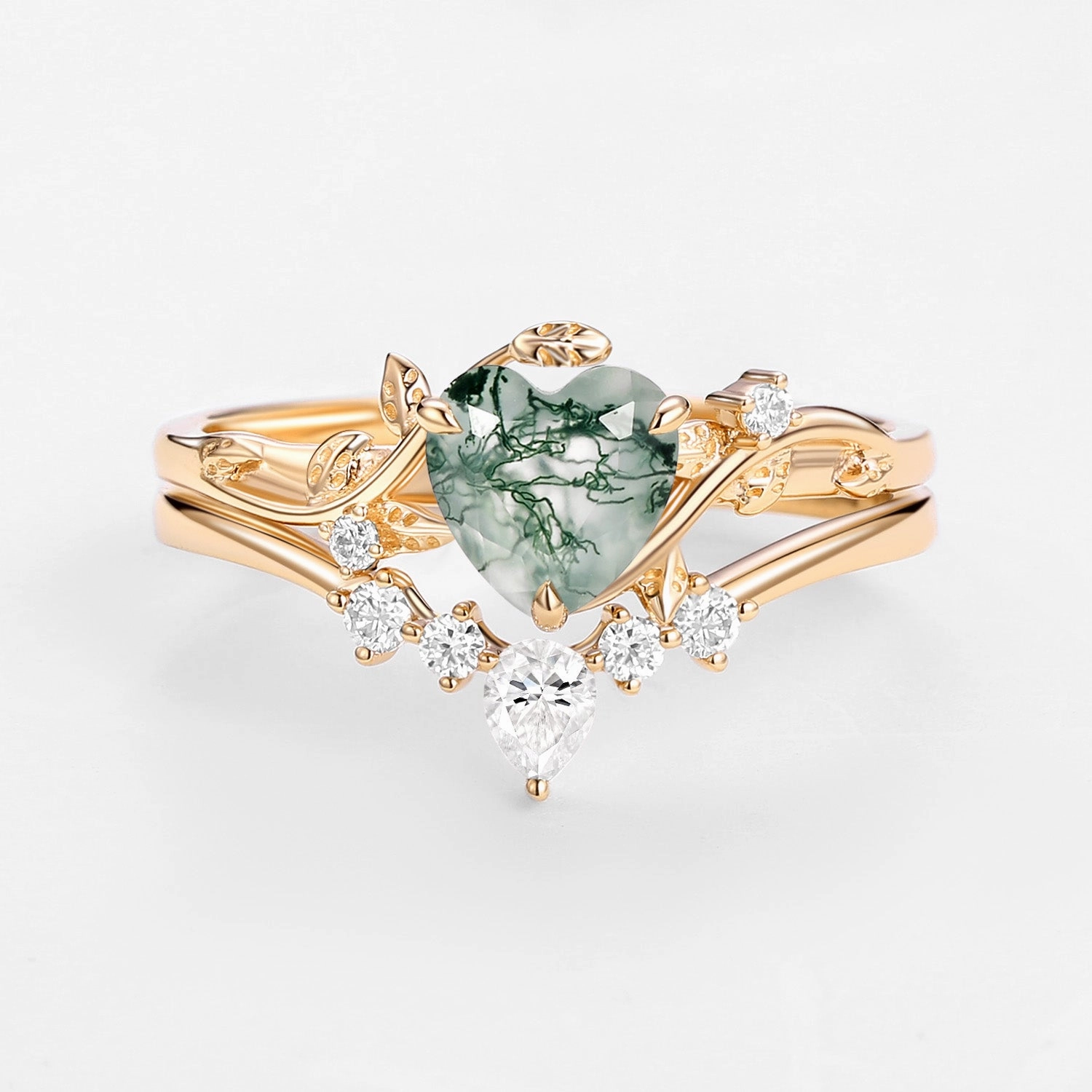 Simple Decoration Traditional Creation Nature Inspired Heart Shaped Moss Agate Leafy Ring Set 2pcs - Willow