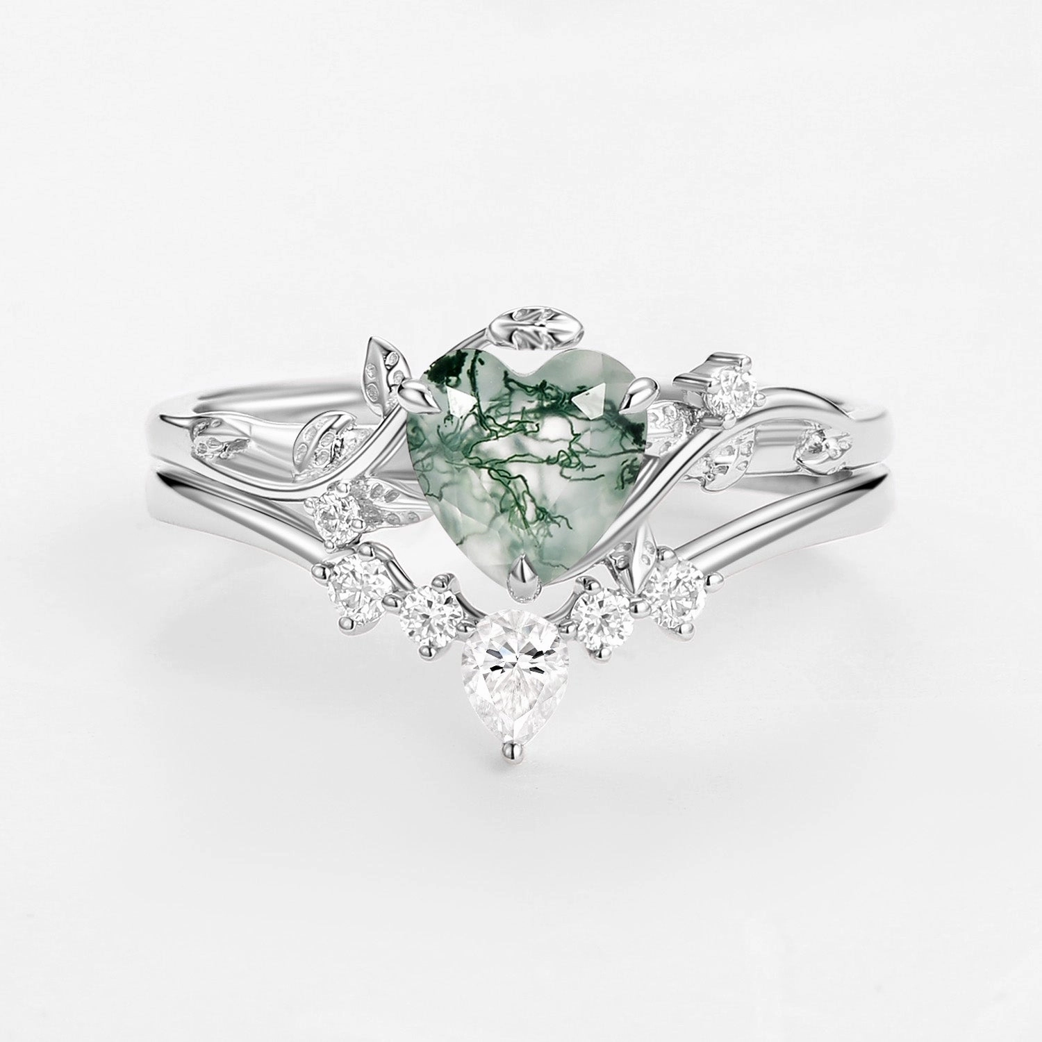 Nature Inspired Heart Shaped Moss Agate Leafy Ring Set 2pcs - Willow Handmade Glam