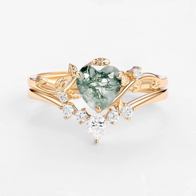 Opulent Shine Elegant Shine Design Nature Inspired Heart Shaped Moss Agate Leafy Ring Set 2pcs - Willow