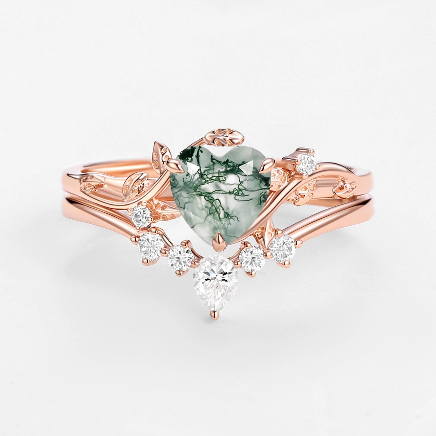 Silhouetted Shine Nature Inspired Heart Shaped Moss Agate Leafy Ring Set 2pcs - Willow