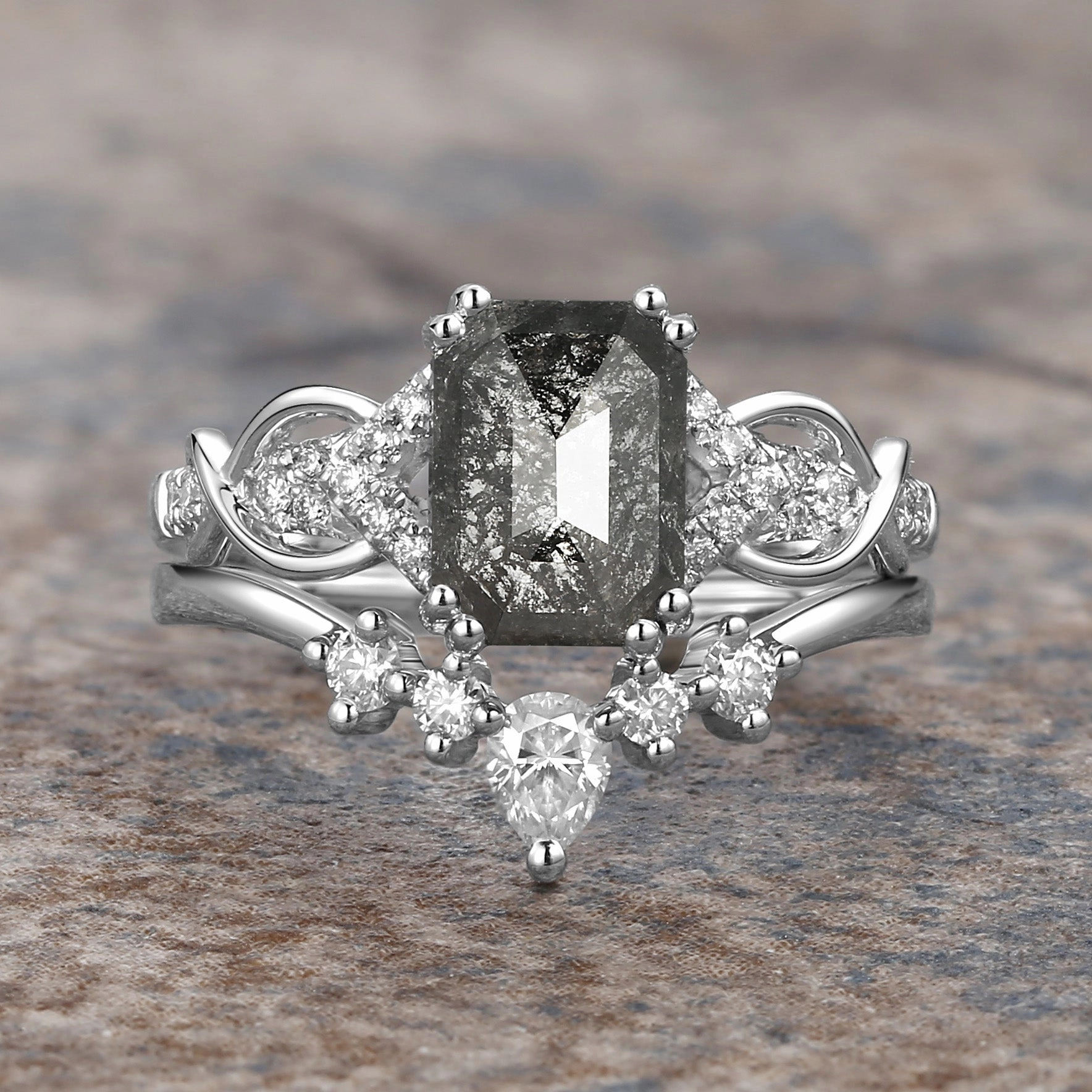 Local Craft Cushion Cut Salt and Pepper Diamonds Vintage Engagement Ring Sets 2pcs