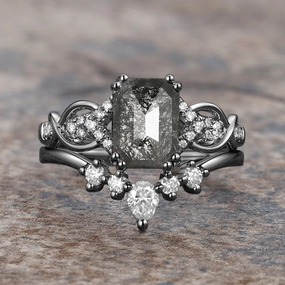 Elegant Beauty Cushion Cut Salt and Pepper Diamonds Vintage Engagement Ring Sets 2pcs