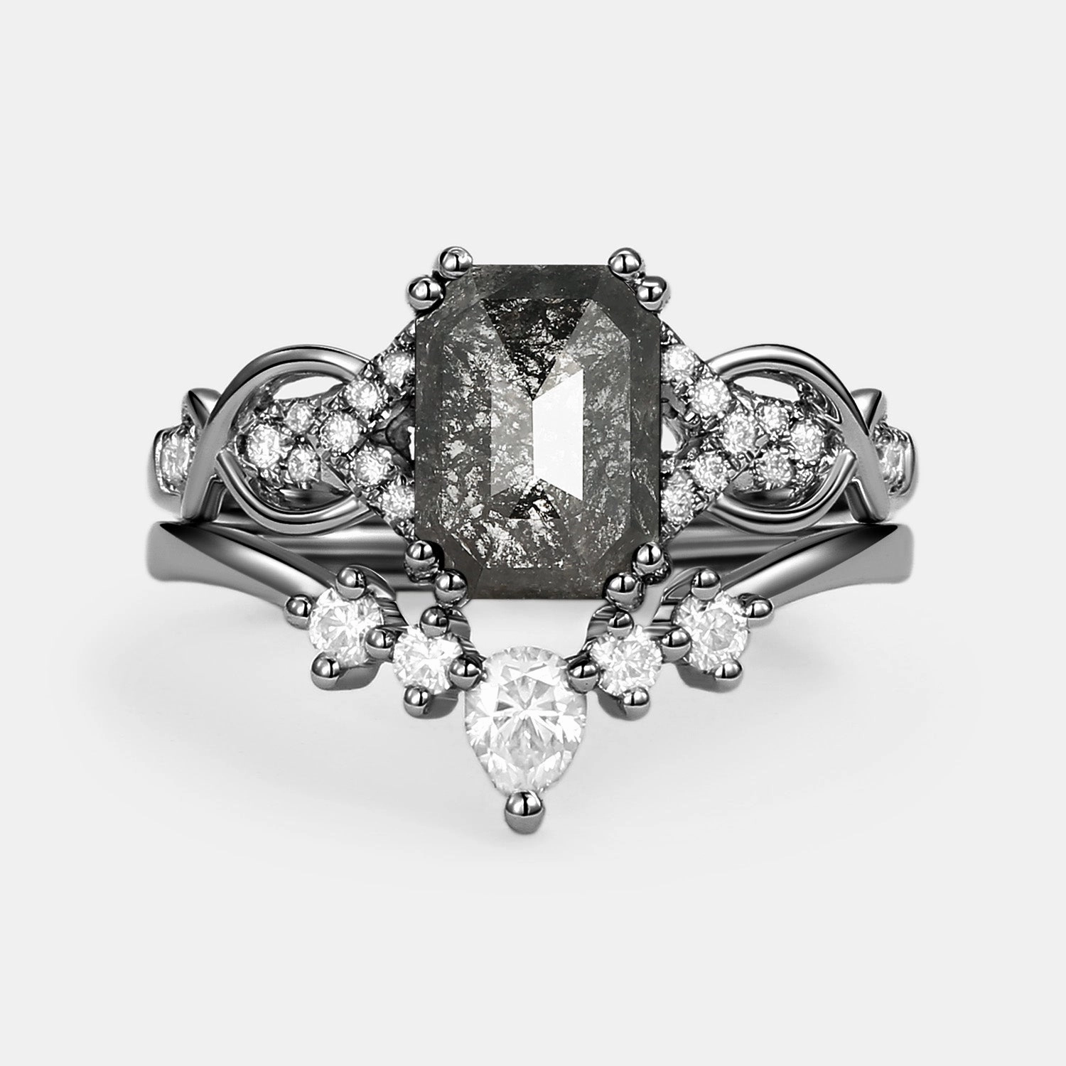 Glamorous Product Trend Setter Cushion Cut Salt and Pepper Diamonds Vintage Engagement Ring Sets 2pcs