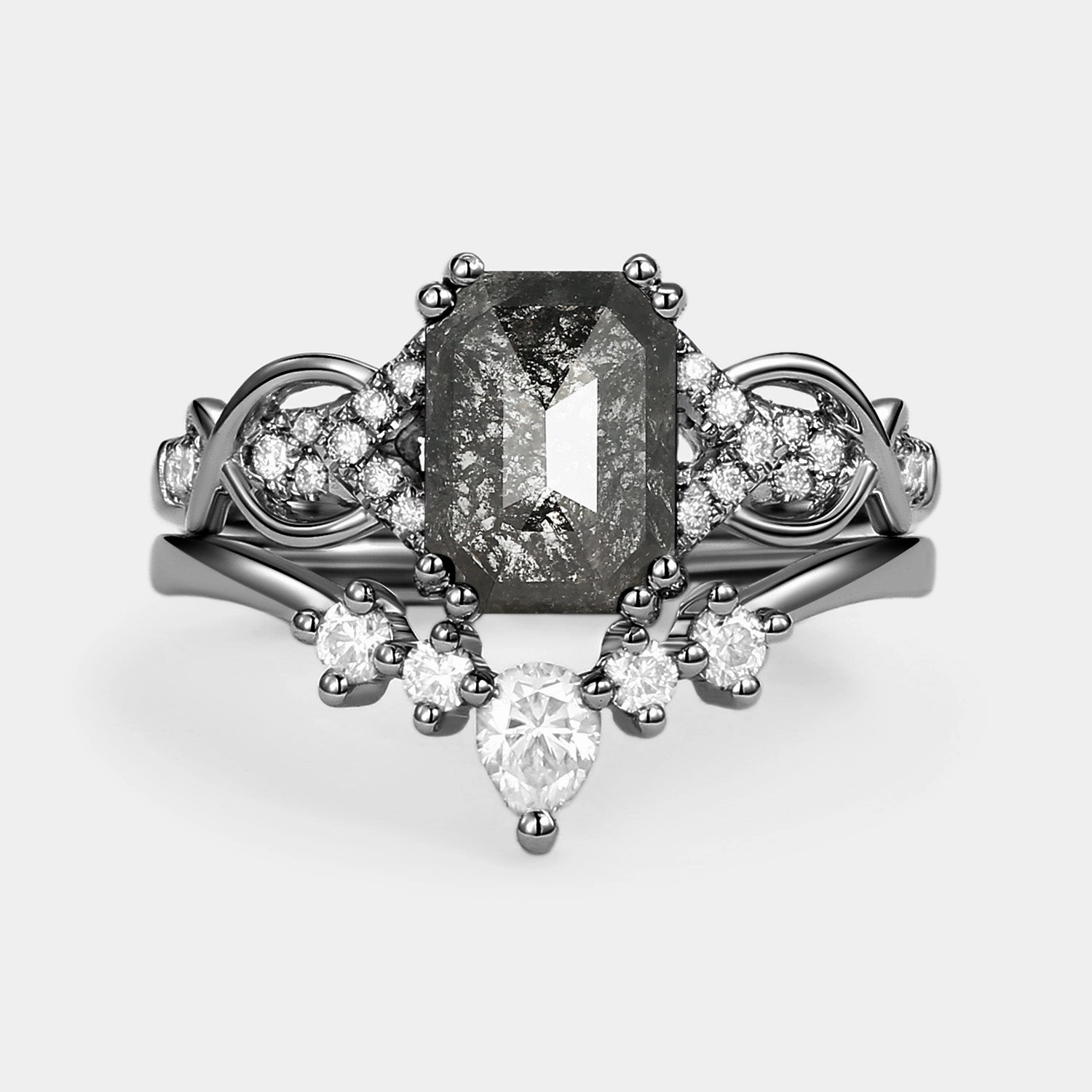 Luxury Jewelry Hypoallergenic Art Cushion Cut Salt and Pepper Diamonds Vintage Engagement Ring Sets 2pcs