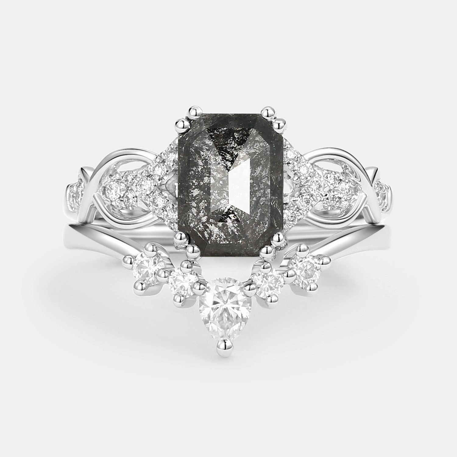 Unique Radiance Fresh Elements Cushion Cut Salt and Pepper Diamonds Vintage Engagement Ring Sets 2pcs
