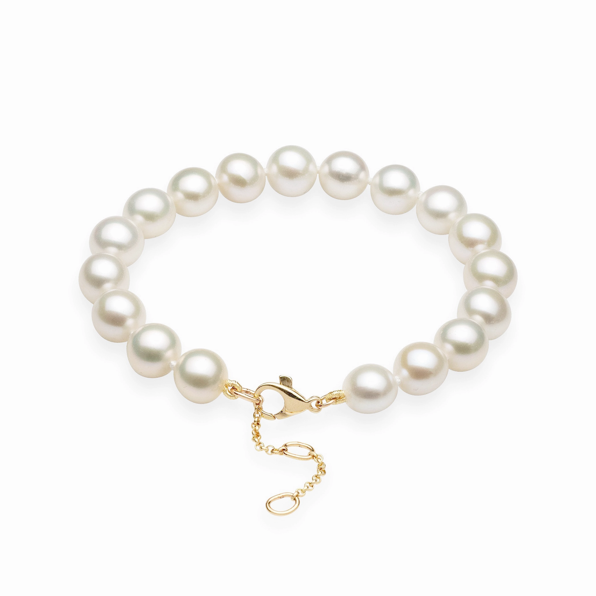 7.5-9" Adjustable White Freshwater Pearl Bracelet in Gold - 9-10mm Glamorous Gem