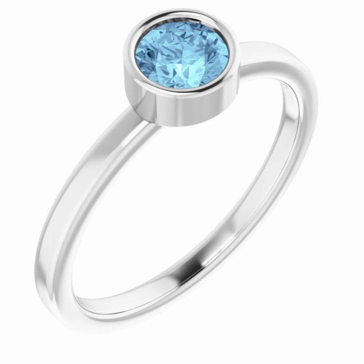 Rhodium-Plated Sterling Silver 5 mm Imitation Aquamarine Ring Crisp Look Commitment Sign