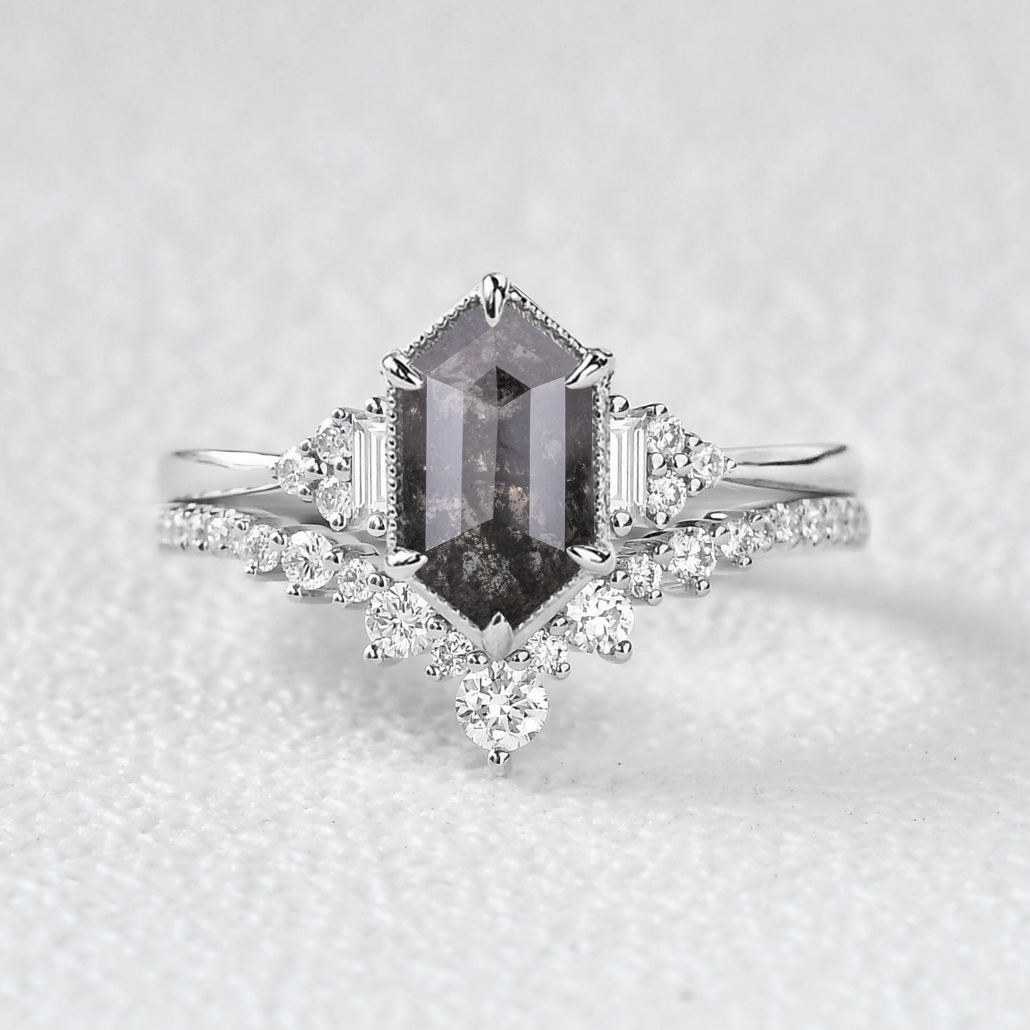 Coordinated Group Vintage Hexagon Salt and Pepper Diamonds Ring Set 2pcs