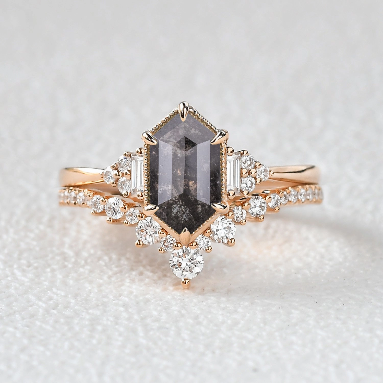 Vintage Hexagon Salt and Pepper Diamonds Ring Set 2pcs Unique Element