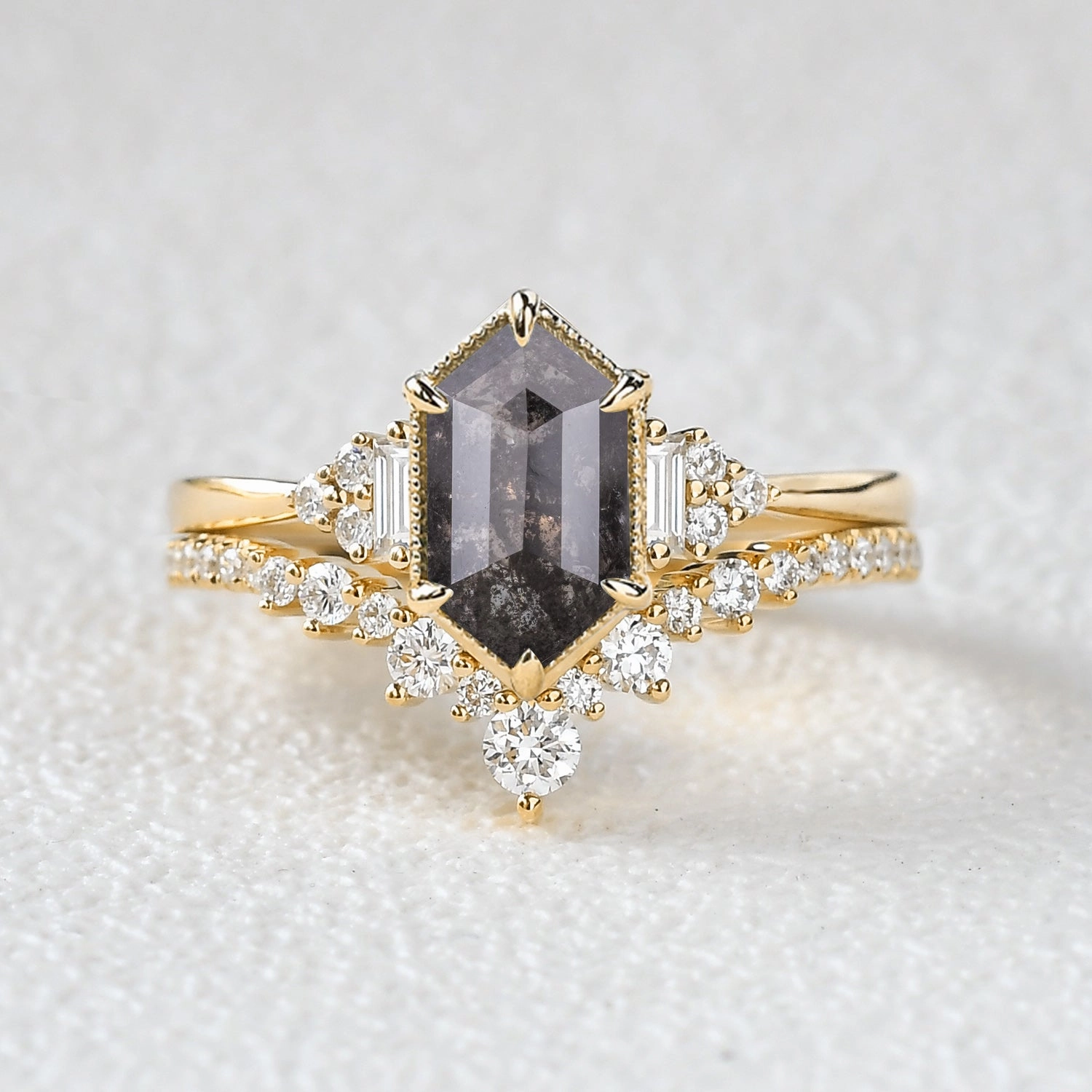 Vintage Hexagon Salt and Pepper Diamonds Ring Set 2pcs Refined Shape