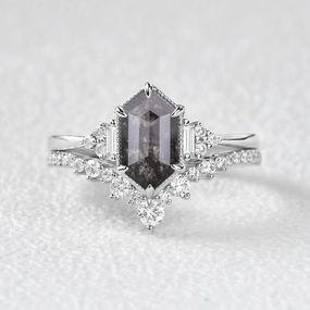 Vintage Hexagon Salt and Pepper Diamonds Ring Set 2pcs Soft Edge