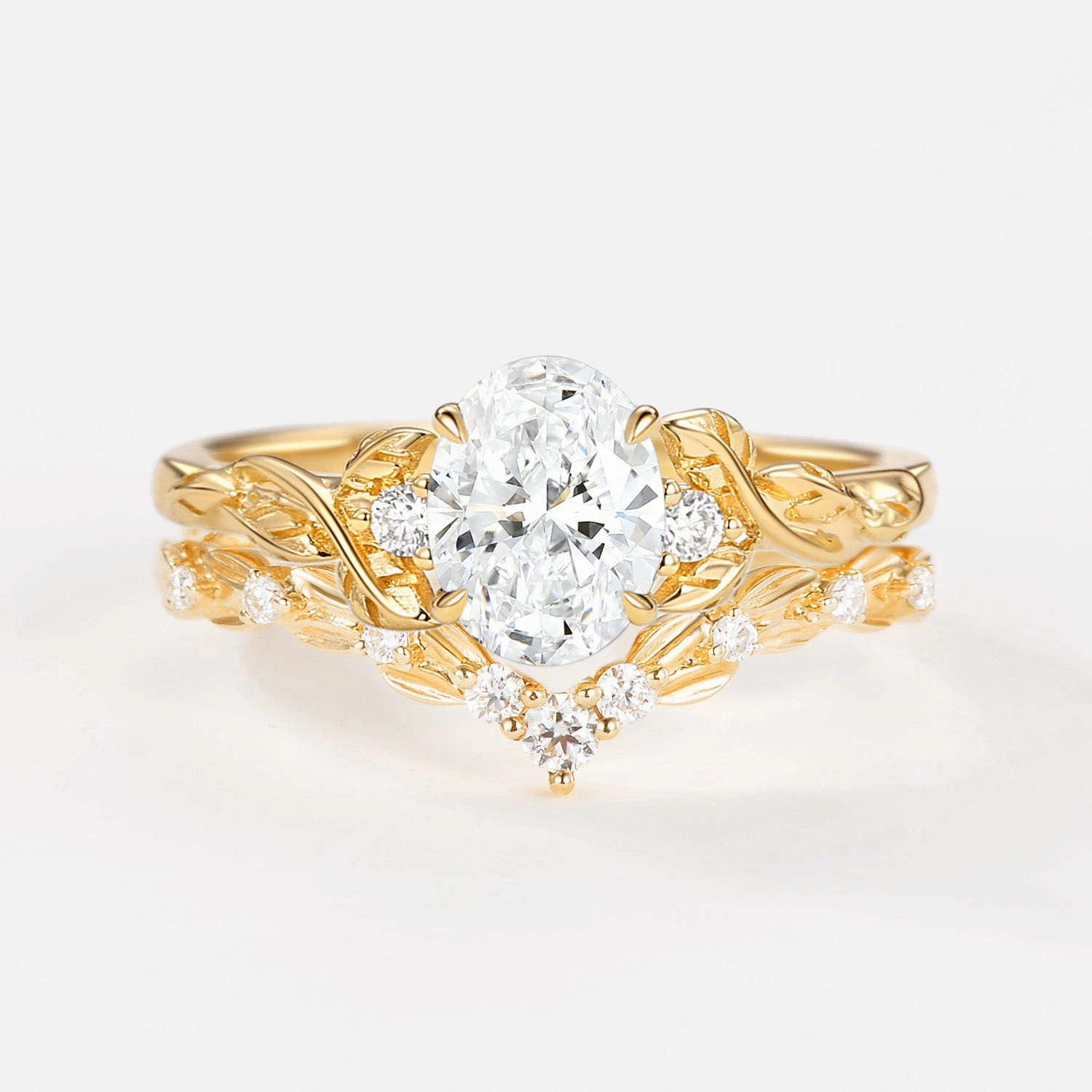 Vintage Leafy Oval Cut Lab Grown Diamond Leafy Ring Set 2pcs Fine Statement