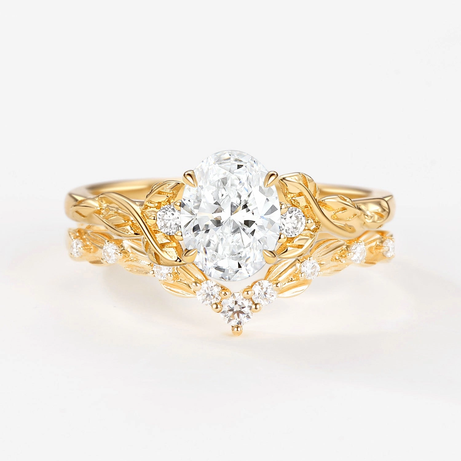 Girlfriend Gift Vintage Leafy Oval Cut Lab Grown Diamond Leafy Ring Set 2pcs