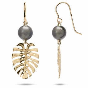 Glam Mode Fresh Style Monstera Tahitian Black Pearl Earrings in Gold - 23mm