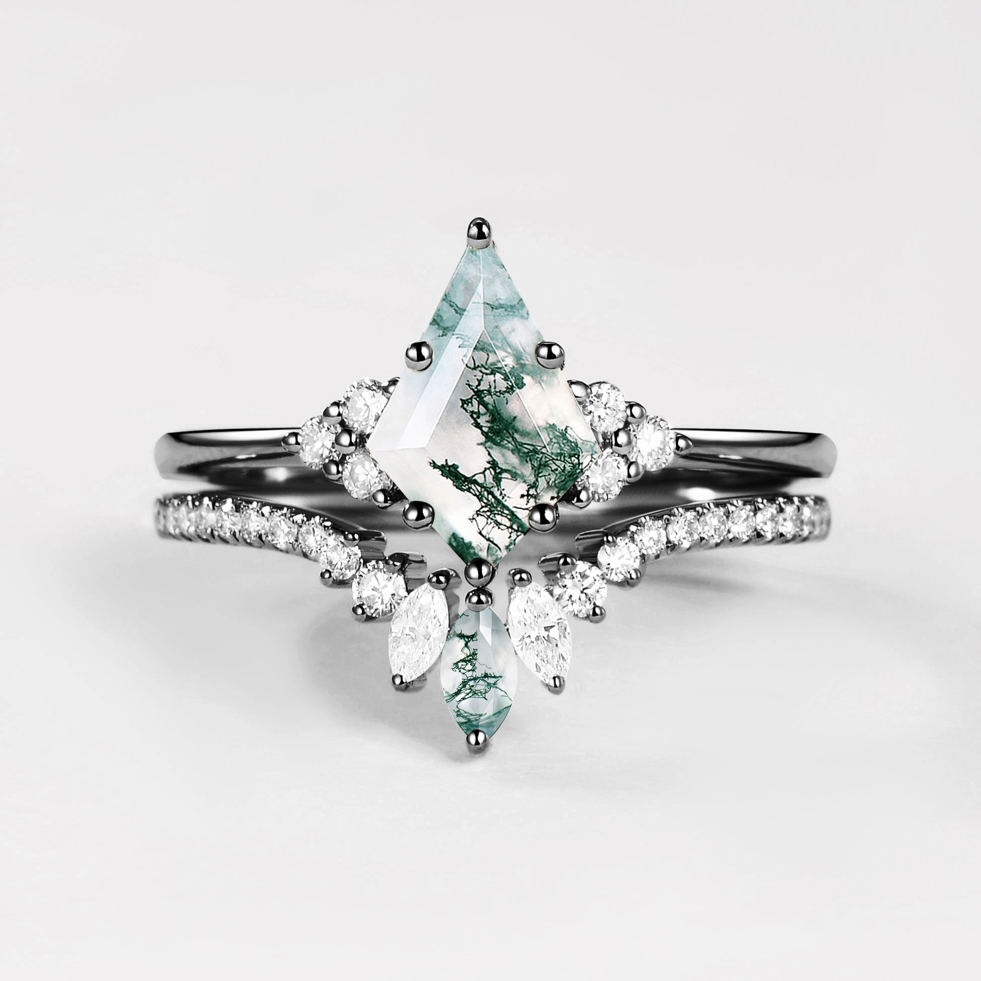 Chic Design Black Gold Green Moss Agate Cluster Engagement Ring Set 2pcs