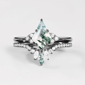 Black Gold Green Moss Agate Cluster Engagement Ring Set 2pcs Timeless Touch Shimmering Craft