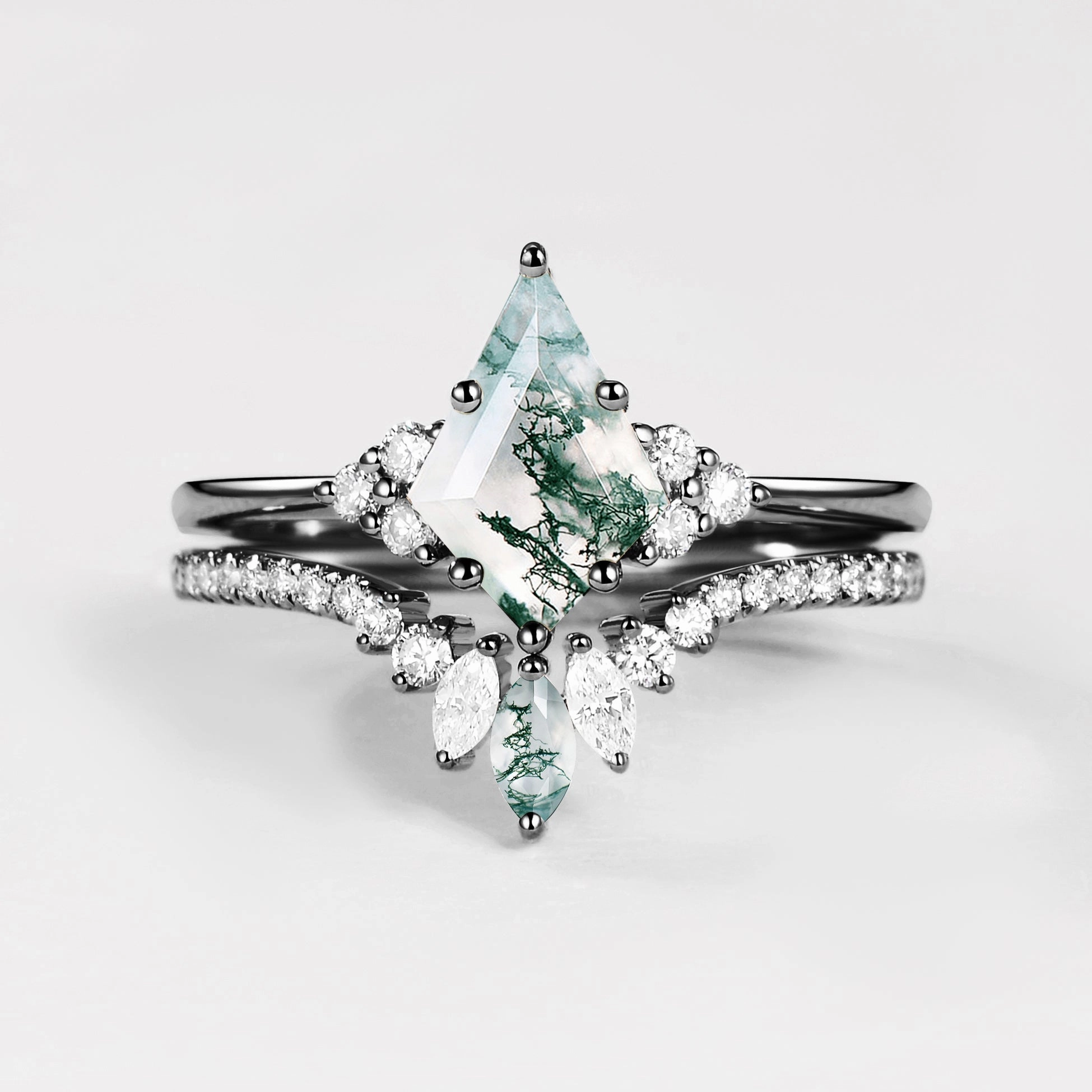 Wedding Gift Light Pop Black Gold Green Moss Agate Cluster Engagement Ring Set 2pcs