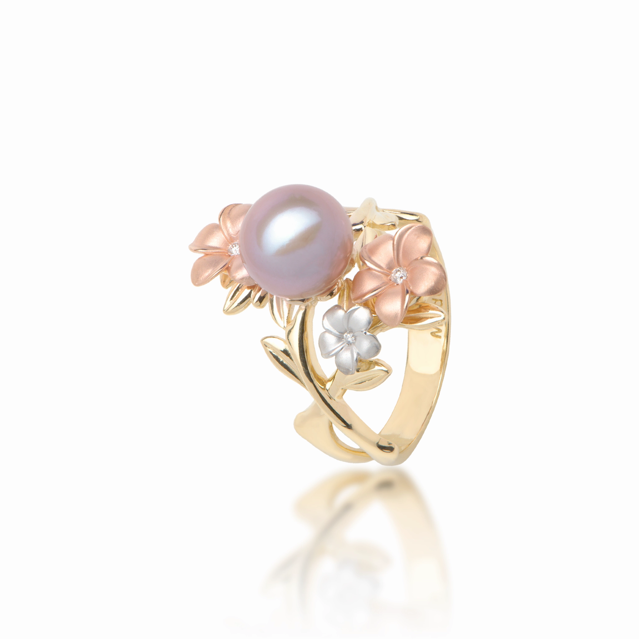 Pearls in Bloom Plumeria Lavender Freshwater Pearl Ring in Tri Color Gold with Diamonds - 22mm Chic Fusion Formal Style