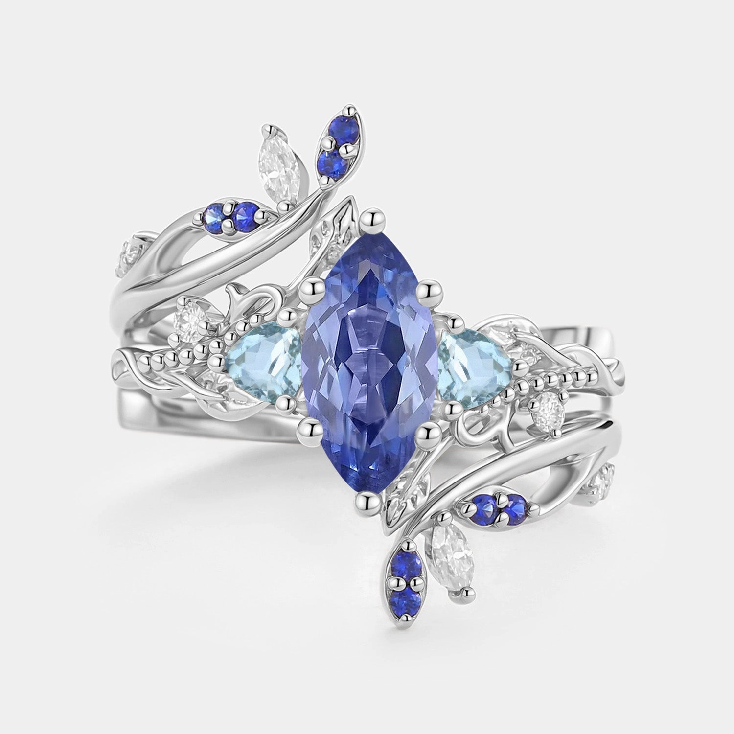 Amazing Symbol Marquise Lab Cornflower Sapphire Leafy Engagement Ring Sets 2pcs - Thistle