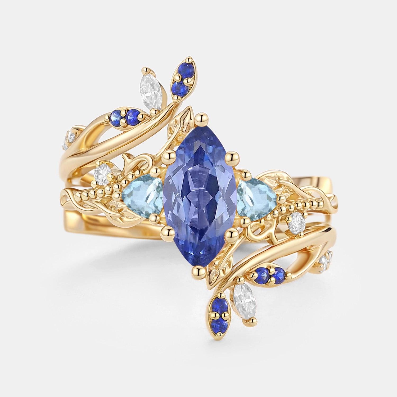 Creative Item Dressing Up Marquise Lab Cornflower Sapphire Leafy Engagement Ring Sets 2pcs - Thistle