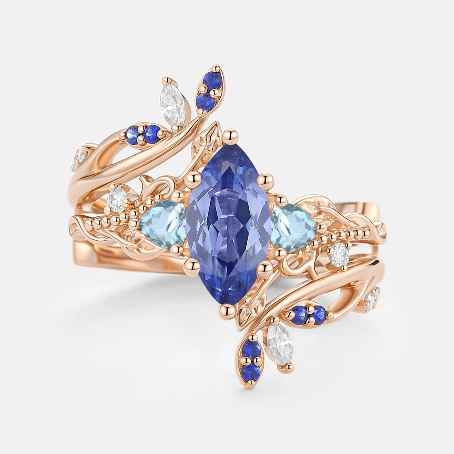 Amazing Ornament Marquise Lab Cornflower Sapphire Leafy Engagement Ring Sets 2pcs - Thistle