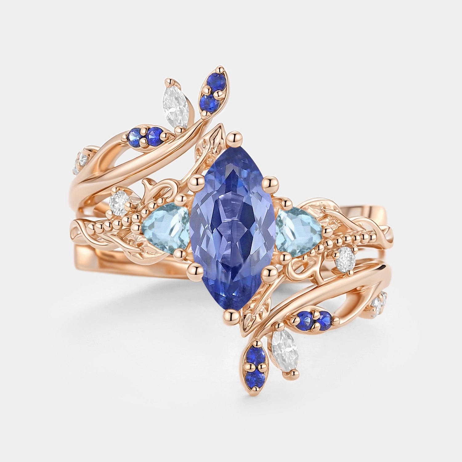 Designer Jewelry Luxury Structure Marquise Lab Cornflower Sapphire Leafy Engagement Ring Sets 2pcs - Thistle