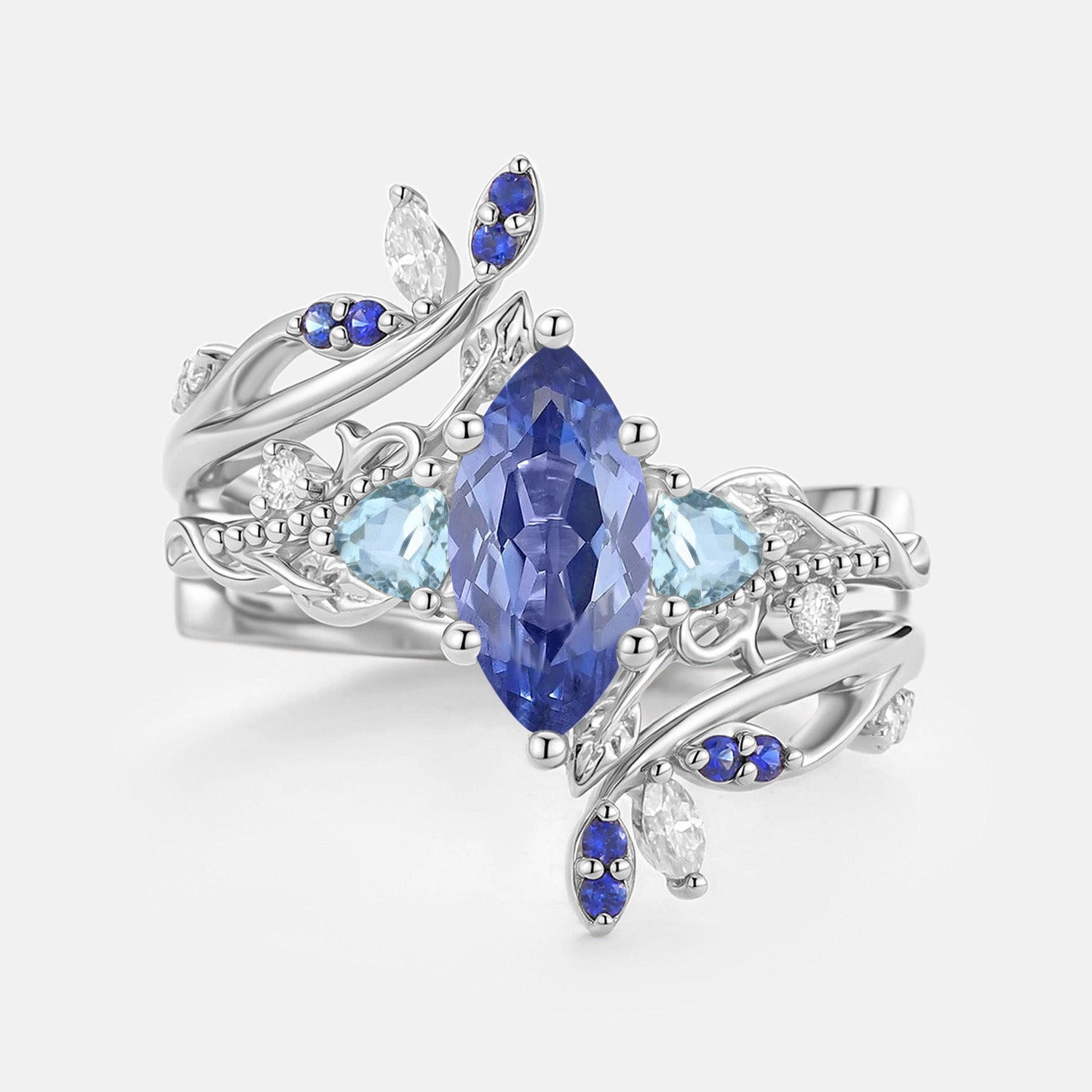 Marquise Lab Cornflower Sapphire Leafy Engagement Ring Sets 2pcs - Thistle Wardrobe Staple Everyday Mood