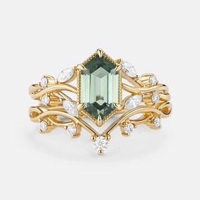 Shiny Details Timeless Shine Elongated Hexagon Lab Green Sapphire Infinity Engagement Ring Set 2pcs - Elm