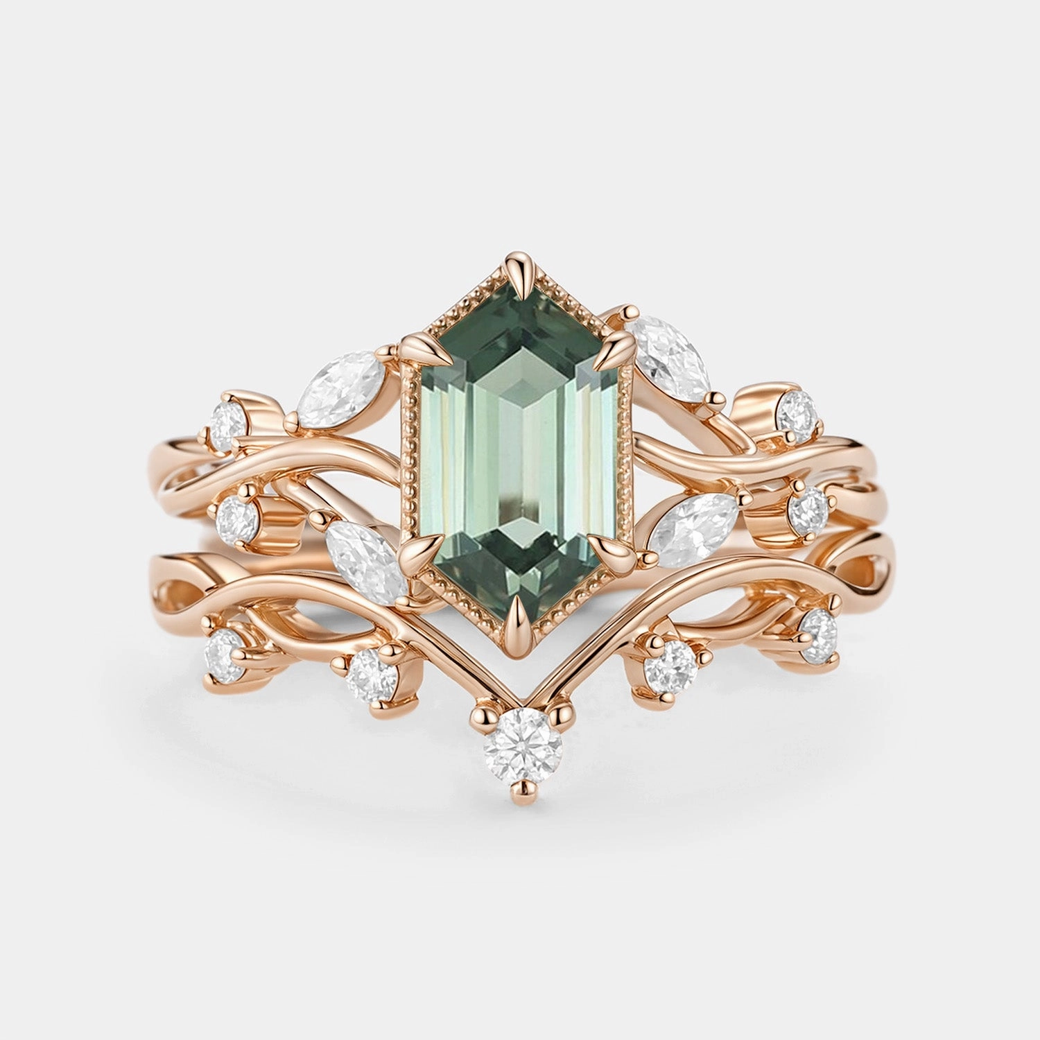 Elongated Hexagon Lab Green Sapphire Infinity Engagement Ring Set 2pcs - Elm Neutral Finish