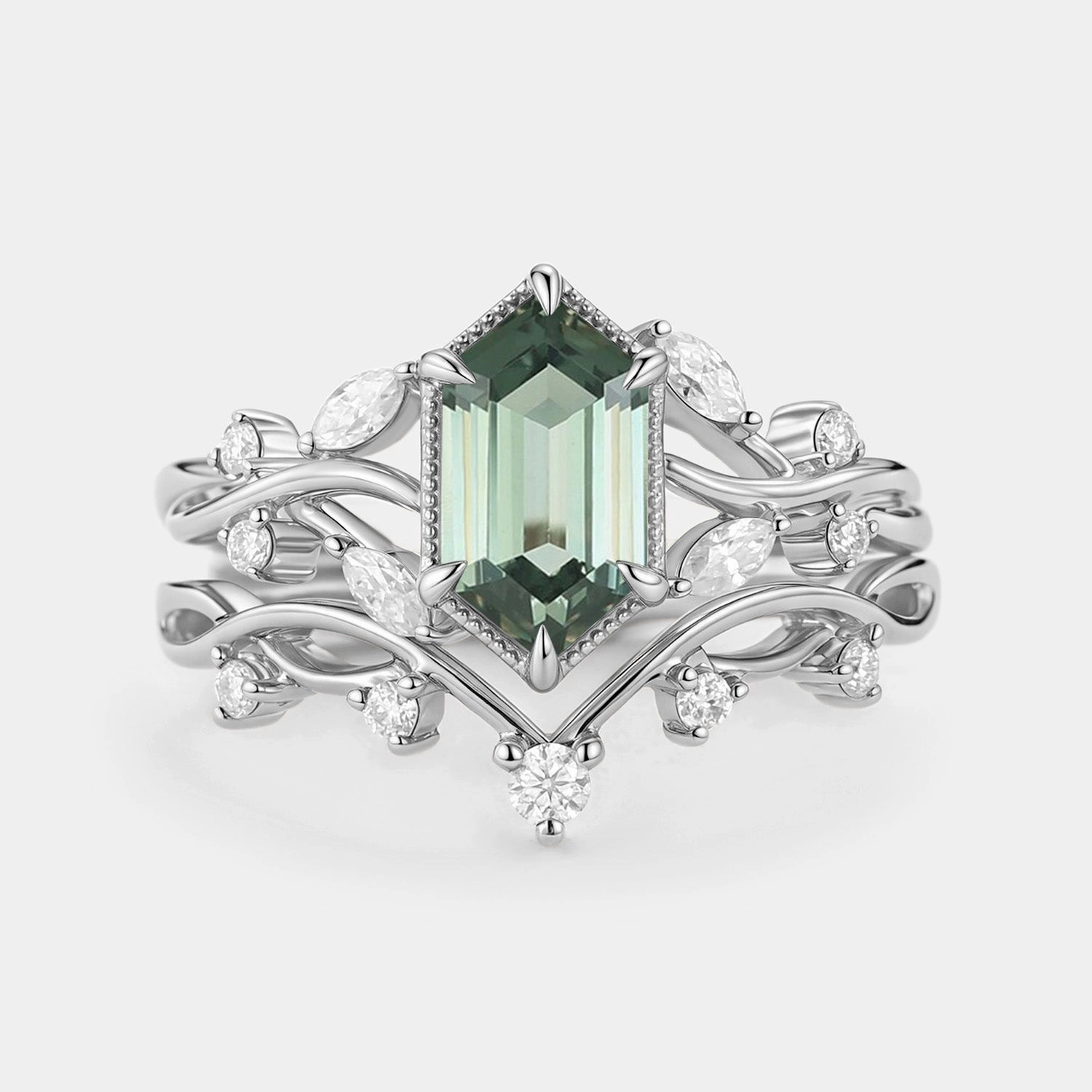 Romantic Feel Layer Accent Elongated Hexagon Lab Green Sapphire Infinity Engagement Ring Set 2pcs - Elm