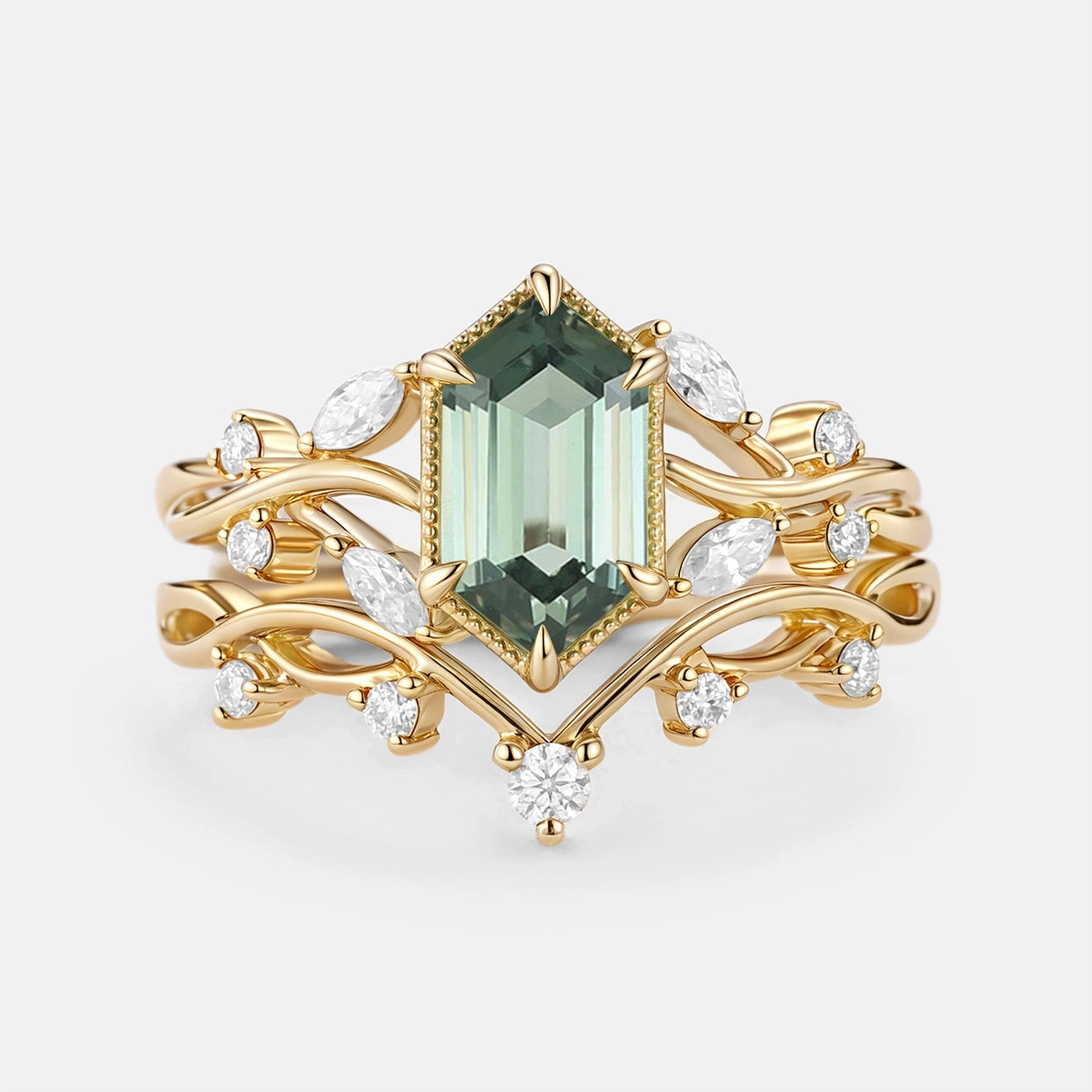 Elongated Hexagon Lab Green Sapphire Infinity Engagement Ring Set 2pcs - Elm Vintage Trinket