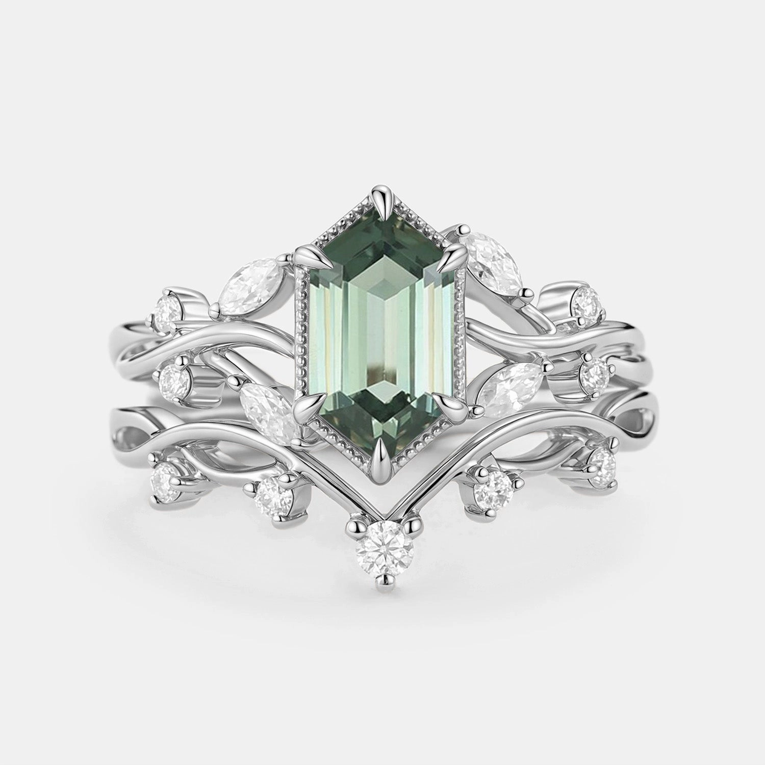 Elongated Hexagon Lab Green Sapphire Infinity Engagement Ring Set 2pcs - Elm Strong Decoration Warm Gift