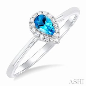 Bold Token Fashion Accessory 5x3 MM Pear Shape Blue Topaz and 1/20 Ctw Single Cut Diamond Halo Semi-Precious Ring in 14K White Gold